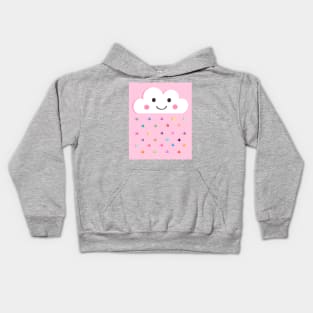 Rainbow Raindrops, Happy Rain Cloud, on Pink Kids Hoodie